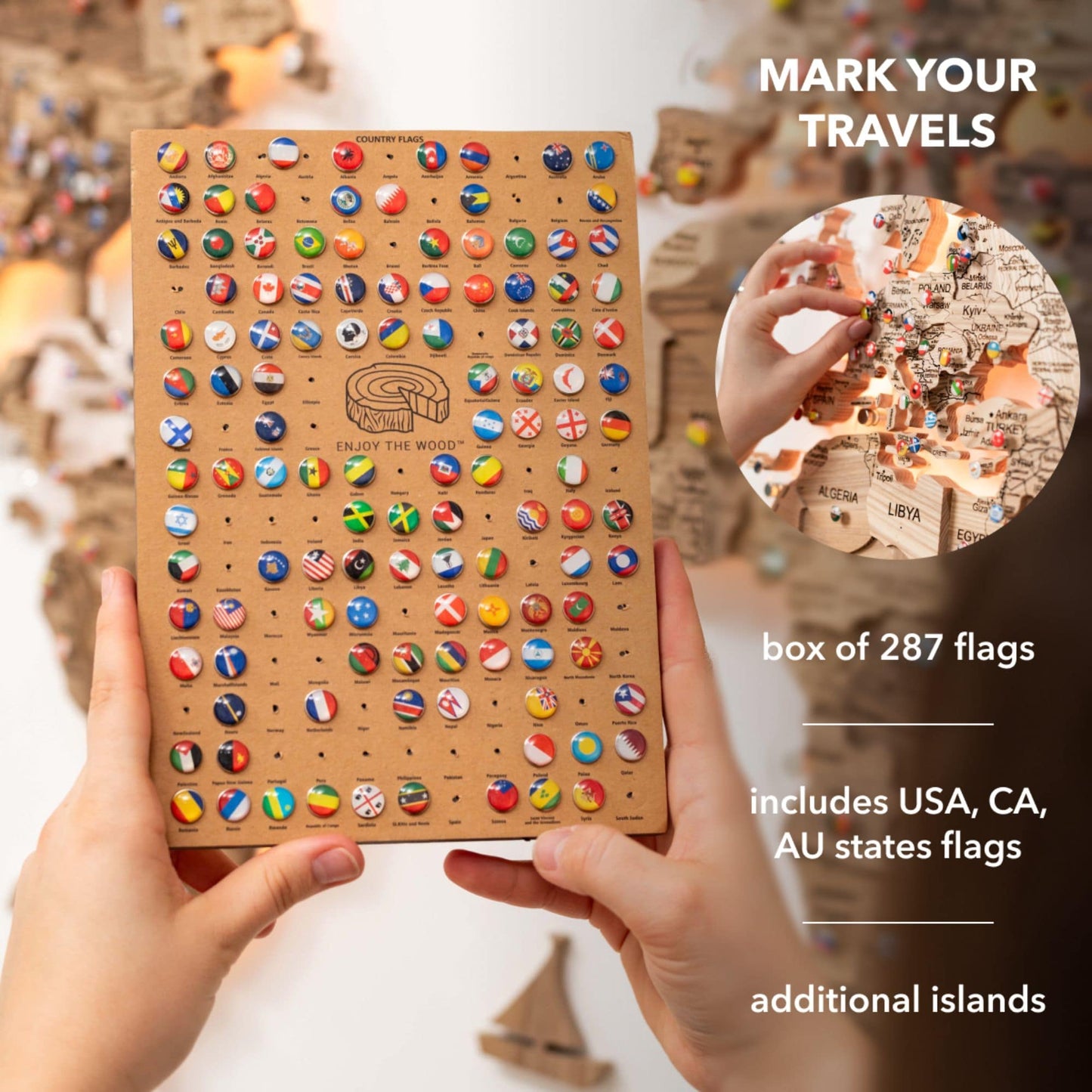 3D Solid Wooden World Map - Walnut