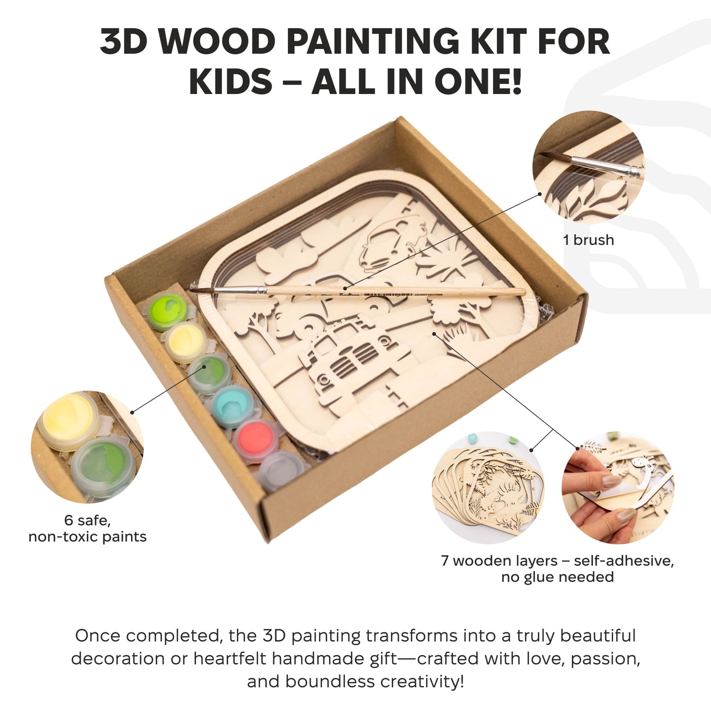 3D DIY Wood Painting Kit for Kids – Cars