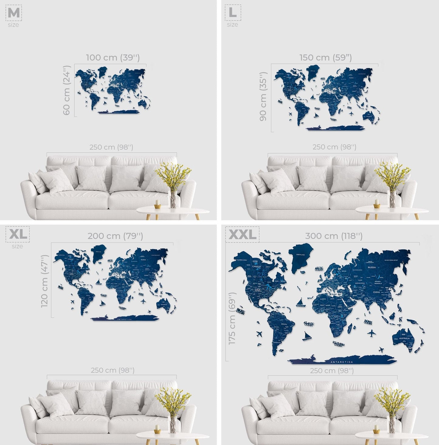 Wooden World Map Navy Blue