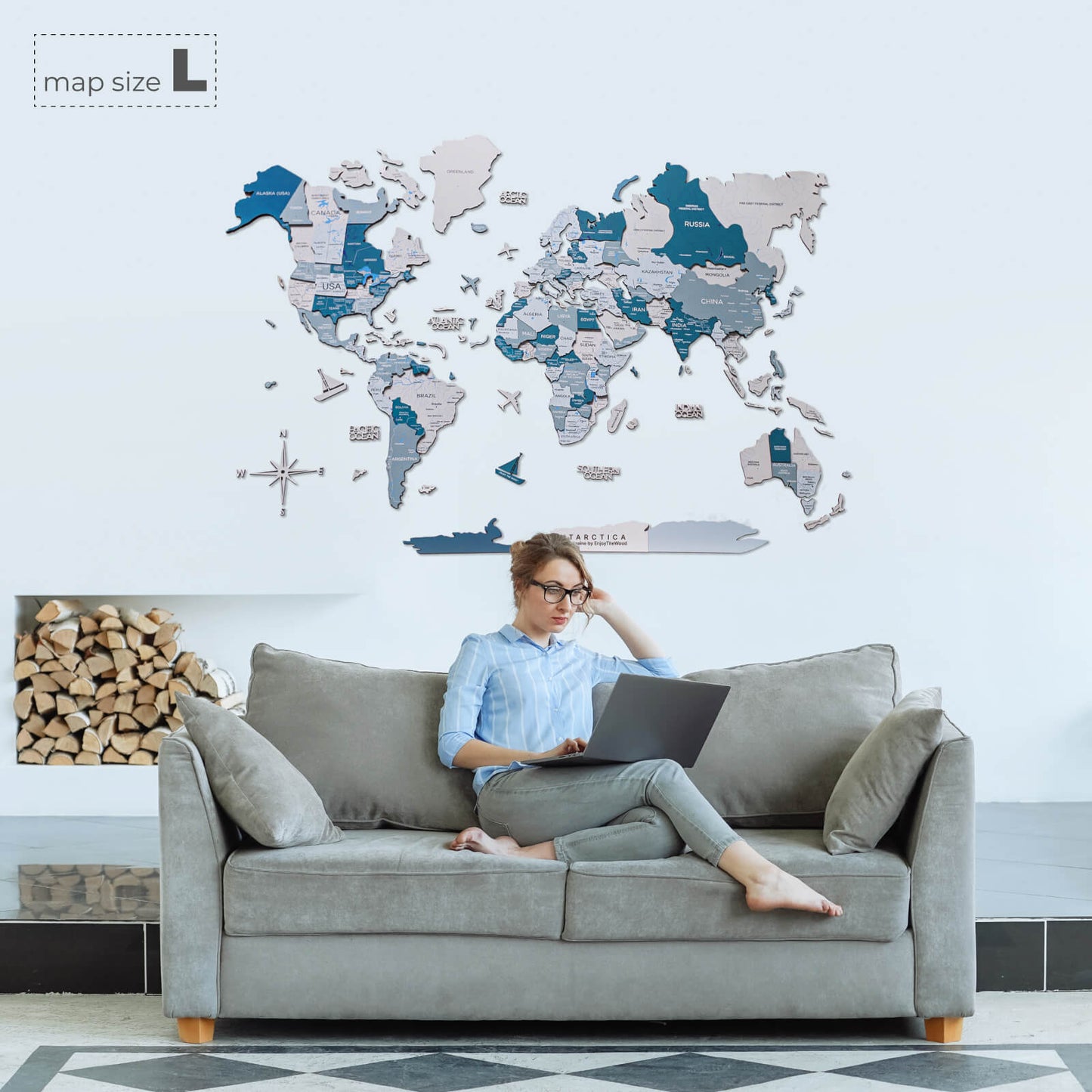3D Wooden World Map Aqua