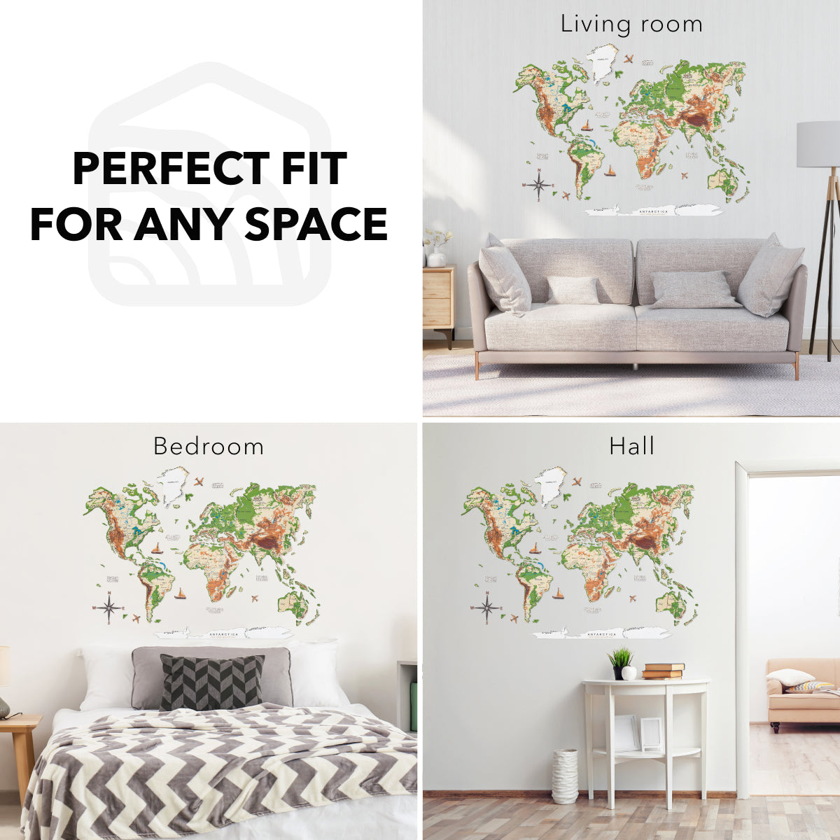 3D Wooden World Map Physical