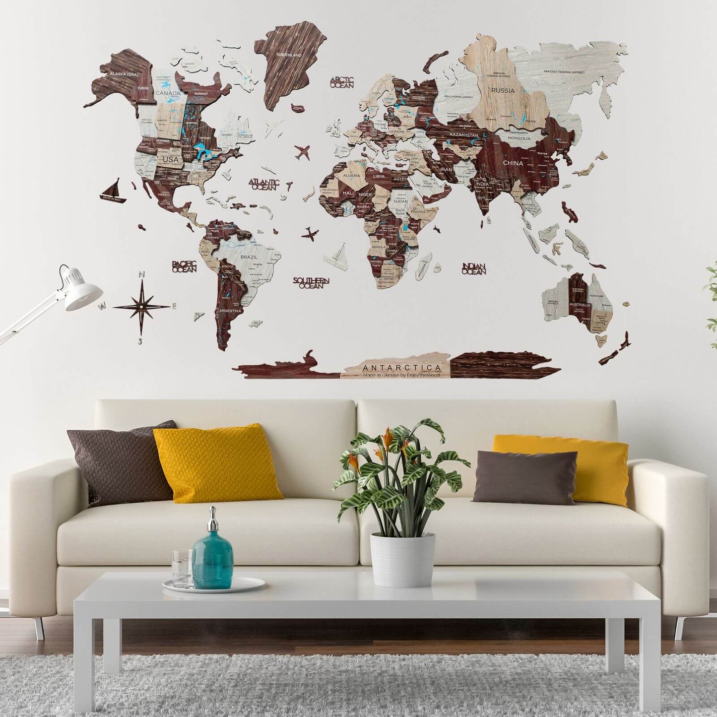 3D Luminous Colored Wooden World Map Cappuccino