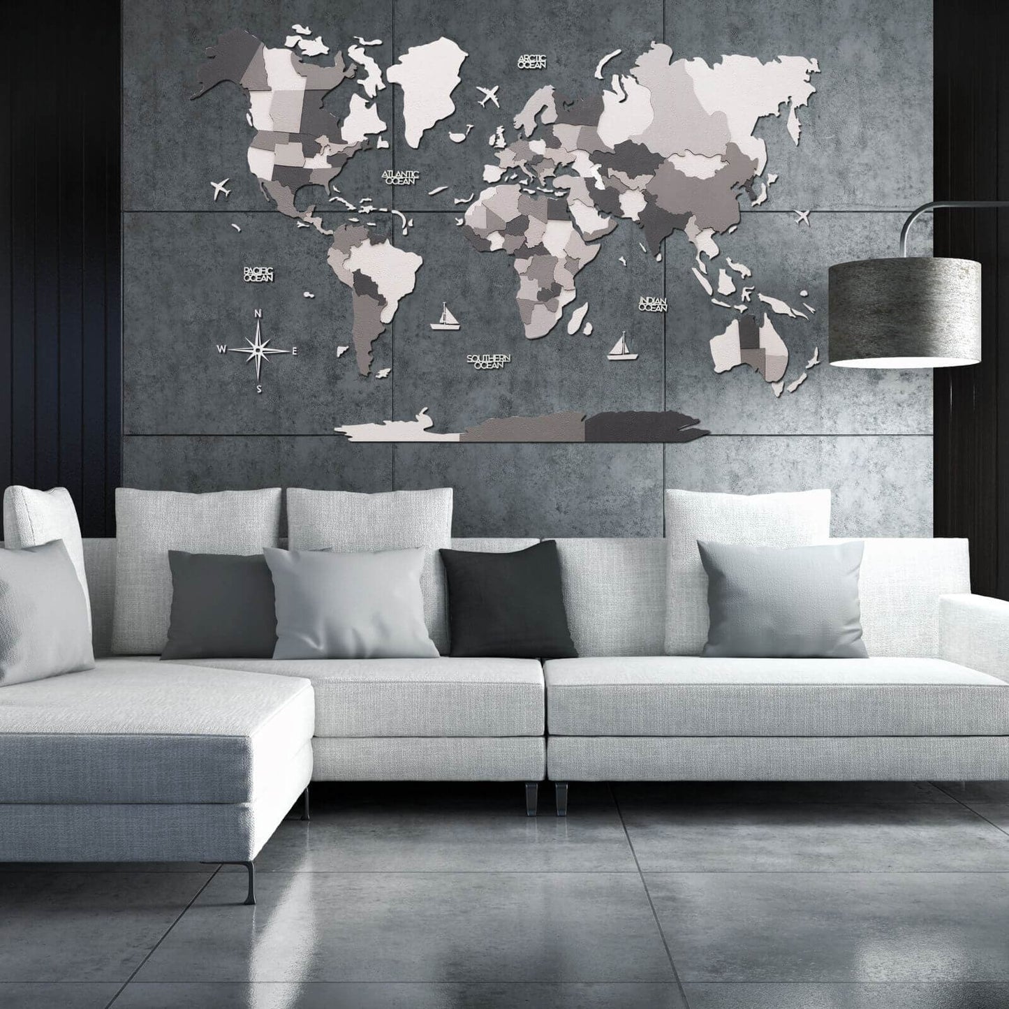 3D Wooden World Map Concrete