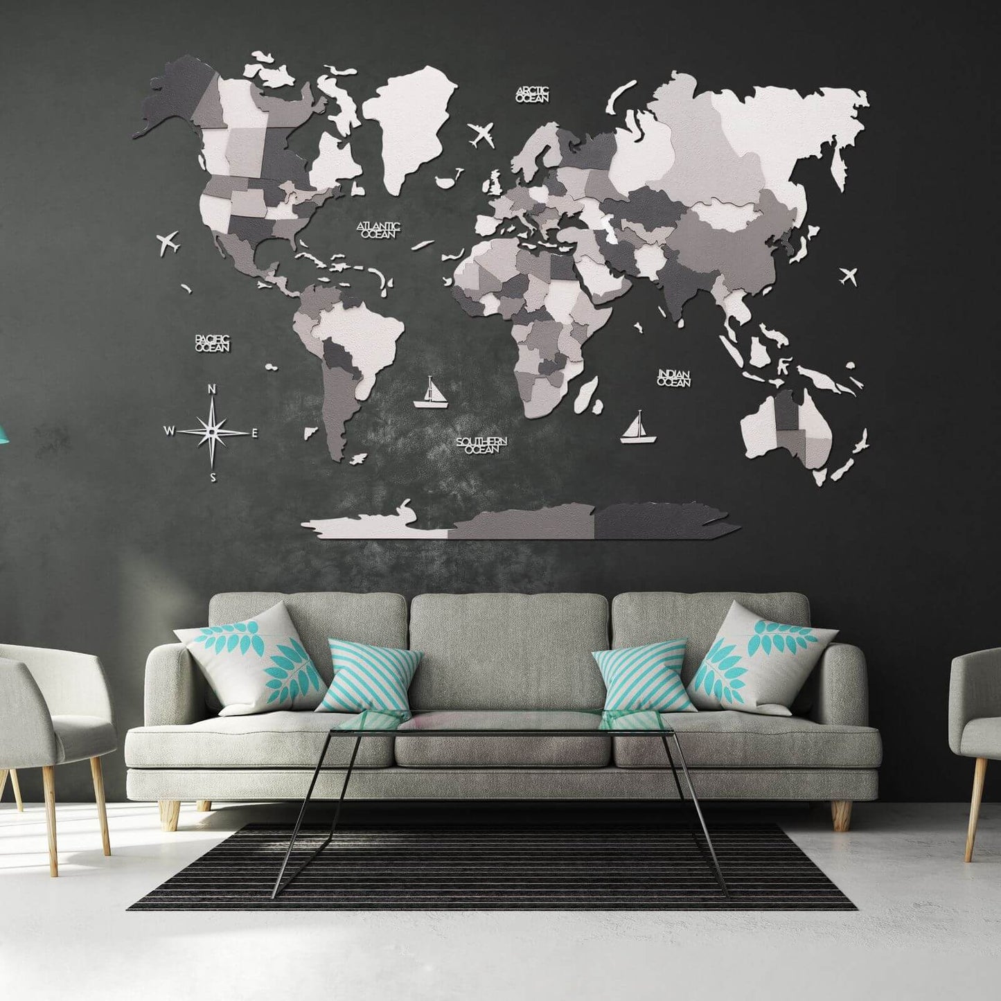 3D Wooden World Map Concrete