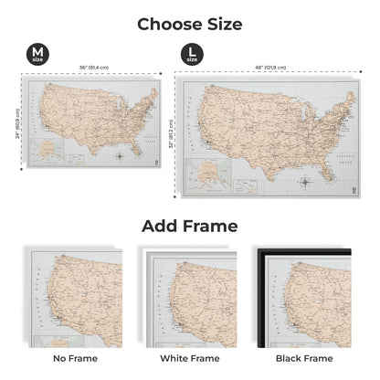 Wooden Canvas USA Map - Antique