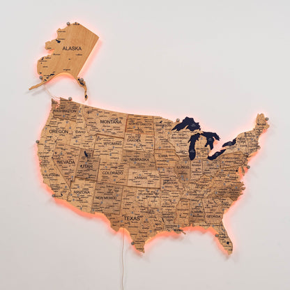Wooden 3d LED Map of USA  - Gold