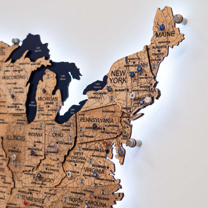 Wooden 3d LED Map of USA  - Gold