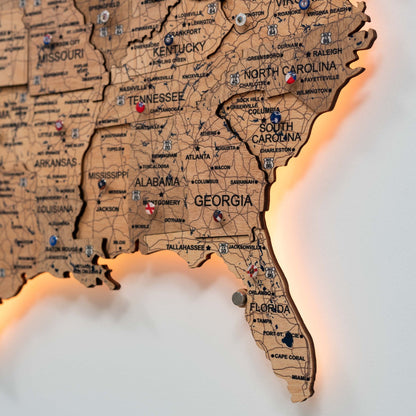 Wooden 3d LED Map of USA  - Gold