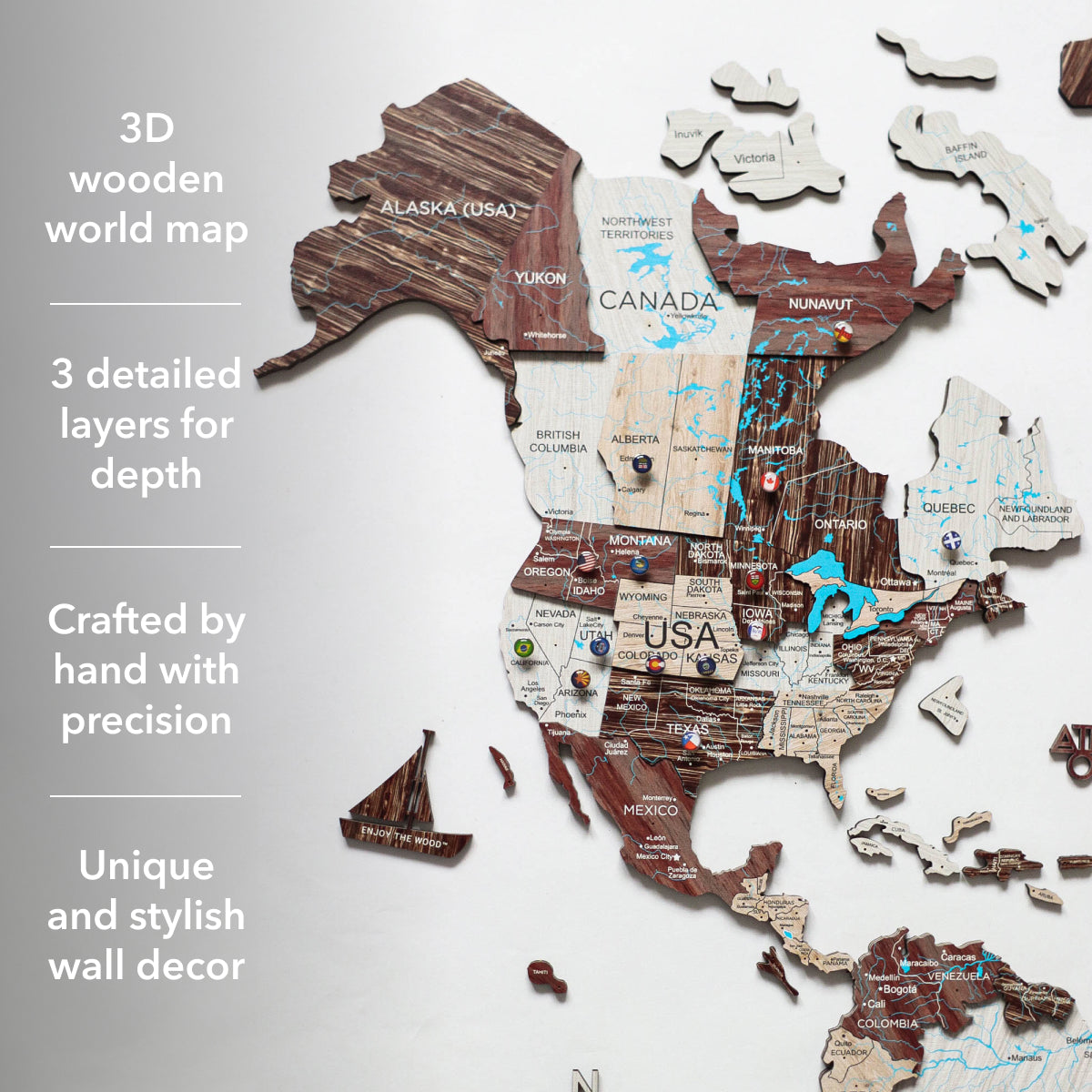 3D Luminous Colored Wooden World Map Cappuccino