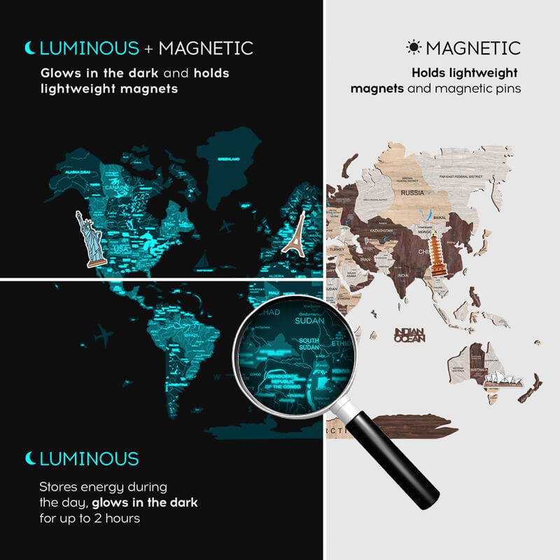 3D Luminous Colored Wooden World Map Cappuccino