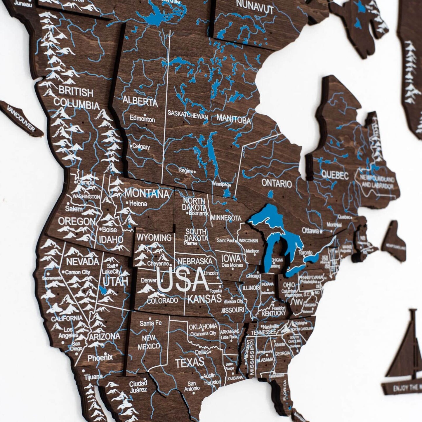 3D Wooden World Map Dark Walnut
