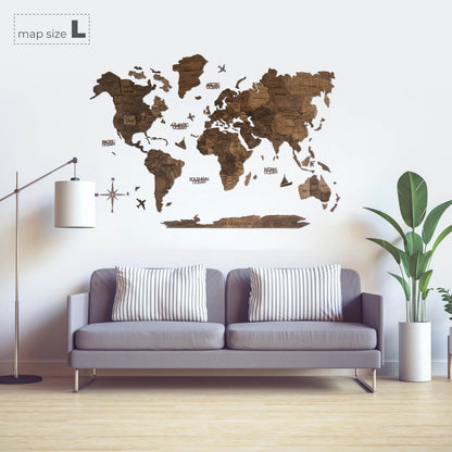3D Wooden World Map Dark Walnut