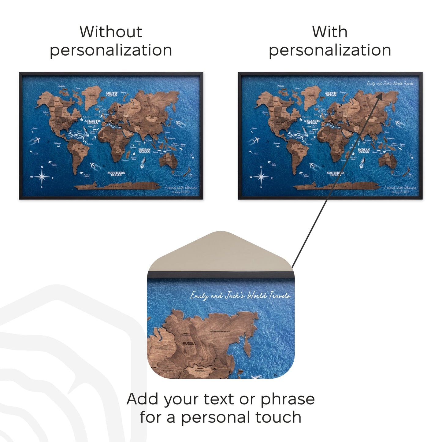 3D Wooden Panel World Map - Dark Walnut