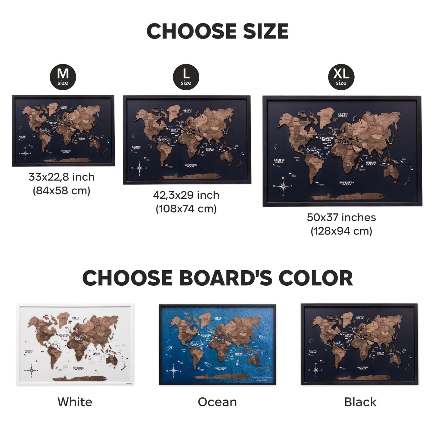3D Wooden Panel World Map - Dark Walnut