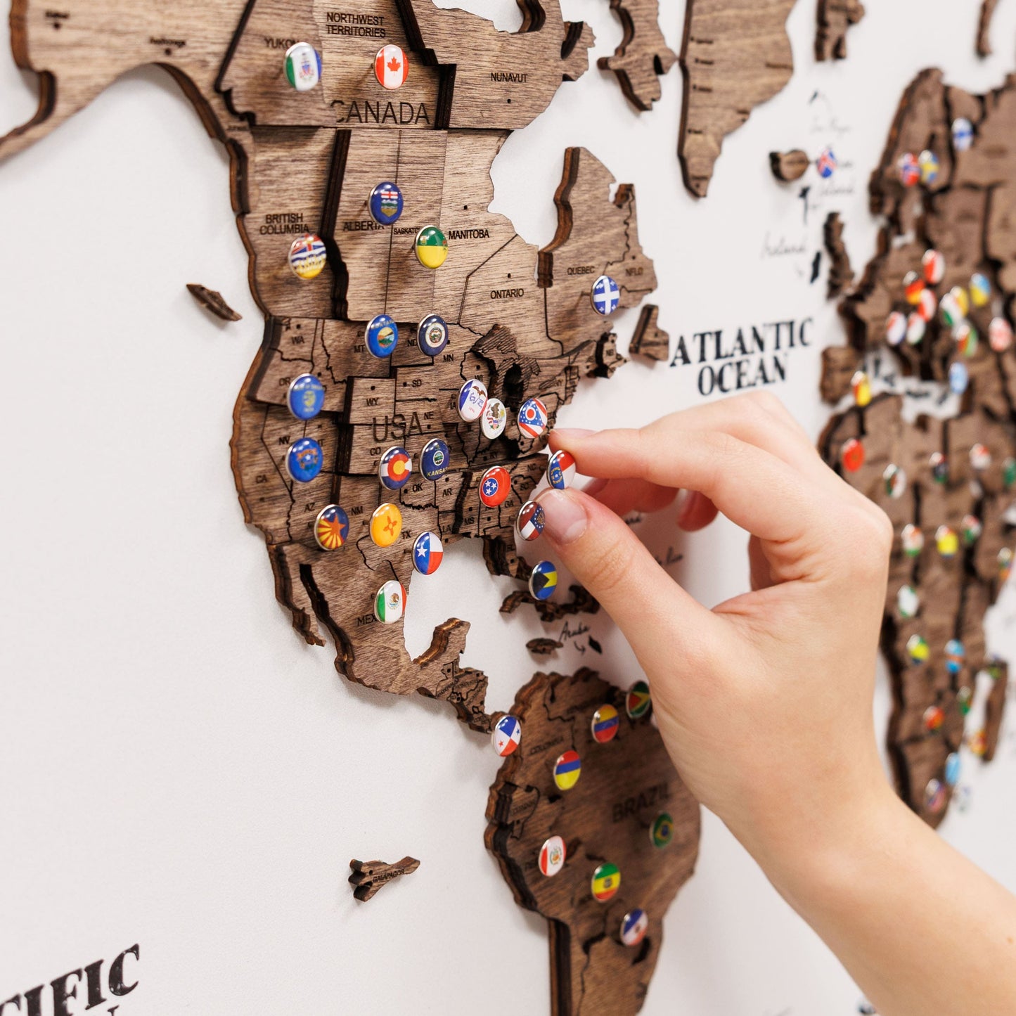 3D Wooden Panel World Map - Dark Walnut