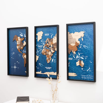 3D Wooden Triptych World Map Multicolor