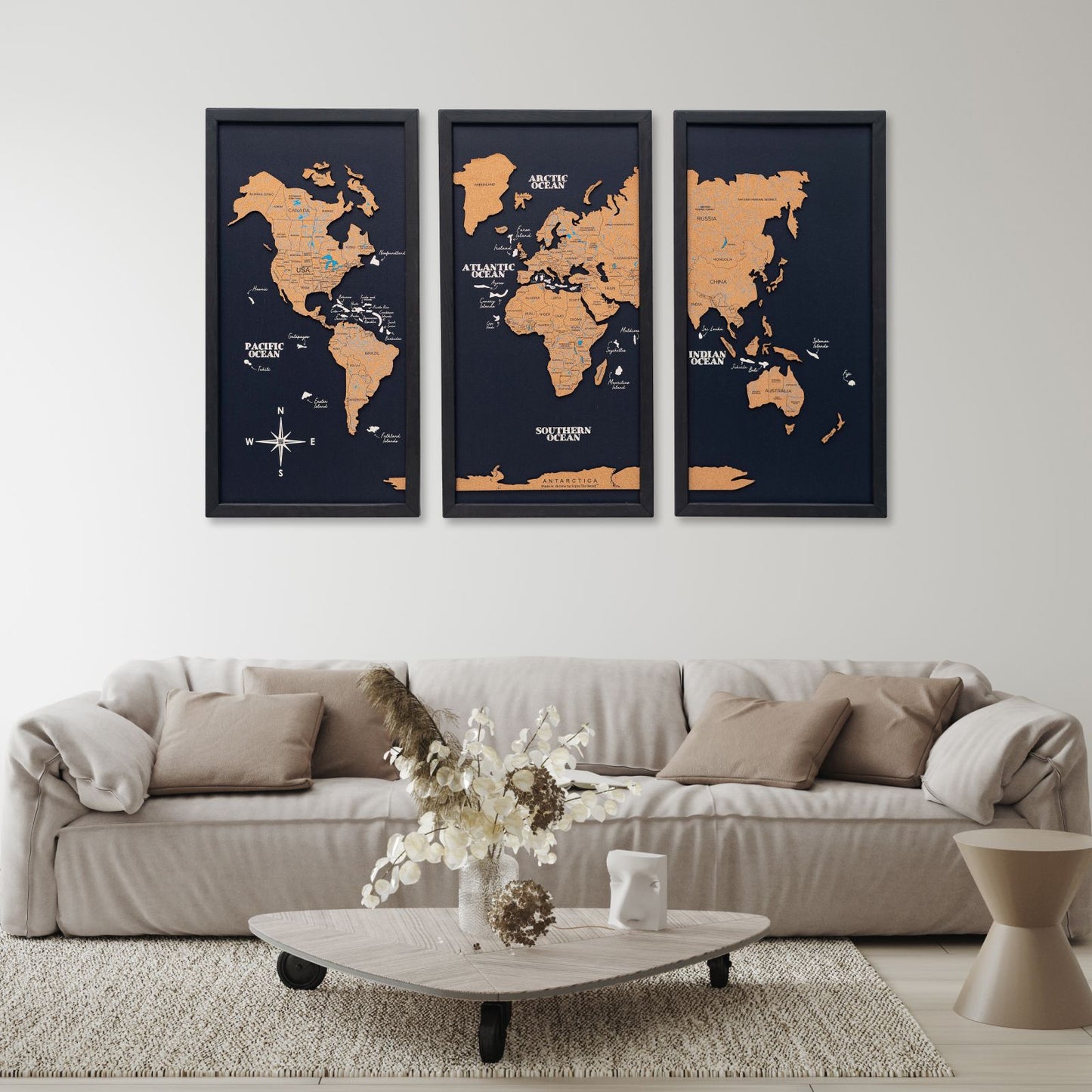 Cork world map triptych - Black
