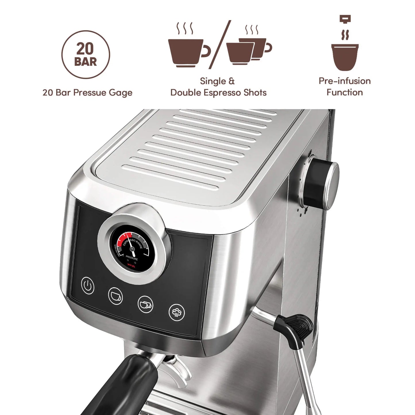 Wirsh 20 Bar Espresso Machine with Plastic Free Portafilter and Steamer, Pressure Gauge, Touch Screen, Full Stainless Steel (Home Barista Plus)