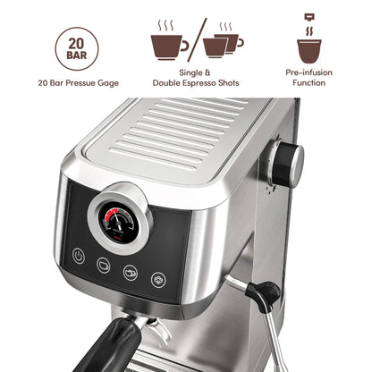 Wirsh 20 Bar Espresso Machine with Plastic Free Portafilter and Steamer, Pressure Gauge, Touch Screen, Full Stainless Steel (Home Barista Plus)