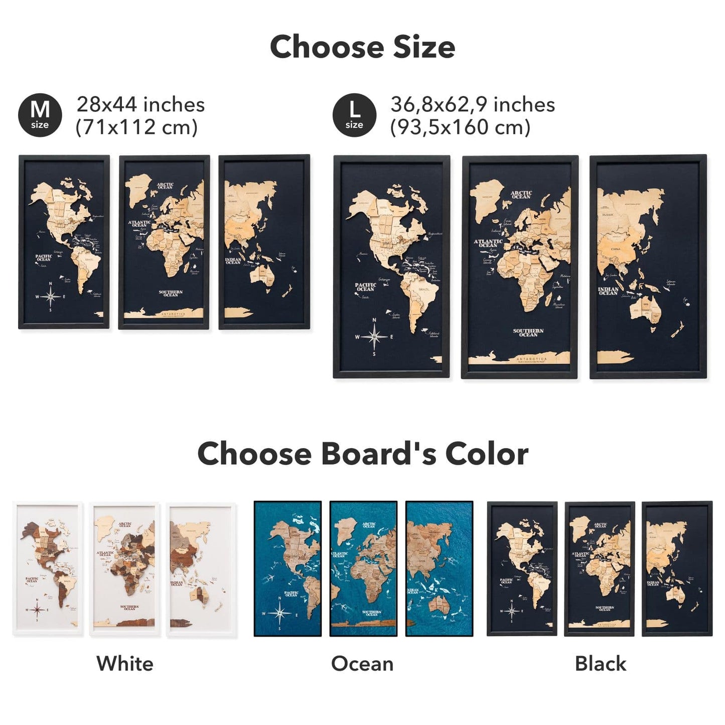 3D Wooden Triptych World Map Multicolor