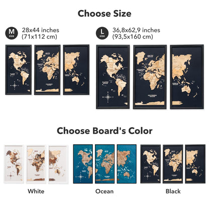 3D Wooden Triptych World Map Multicolor