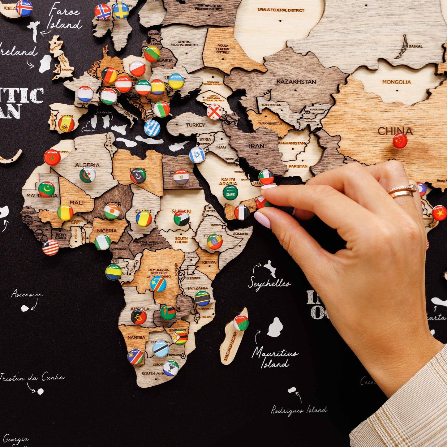 3D Wooden Panel World Map Multicolor