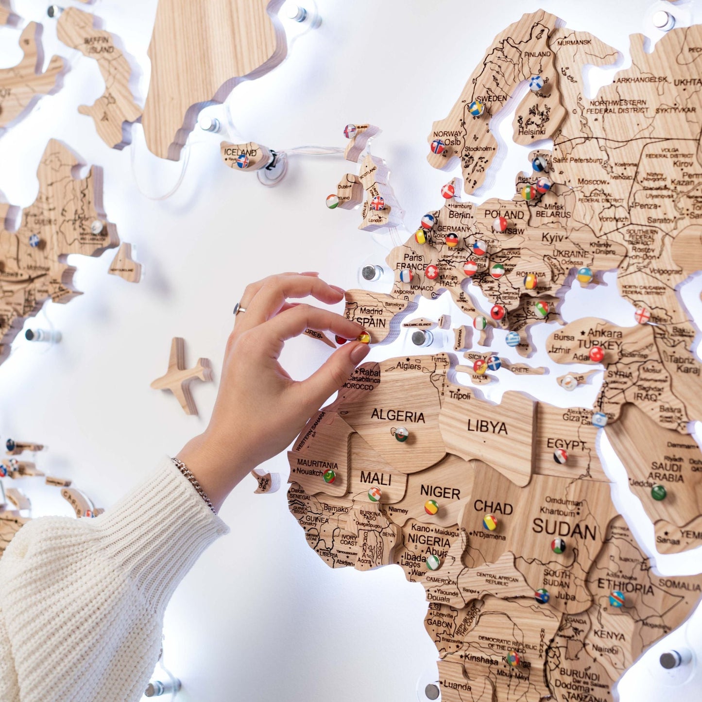 3D Solid Wooden World Map - Ash