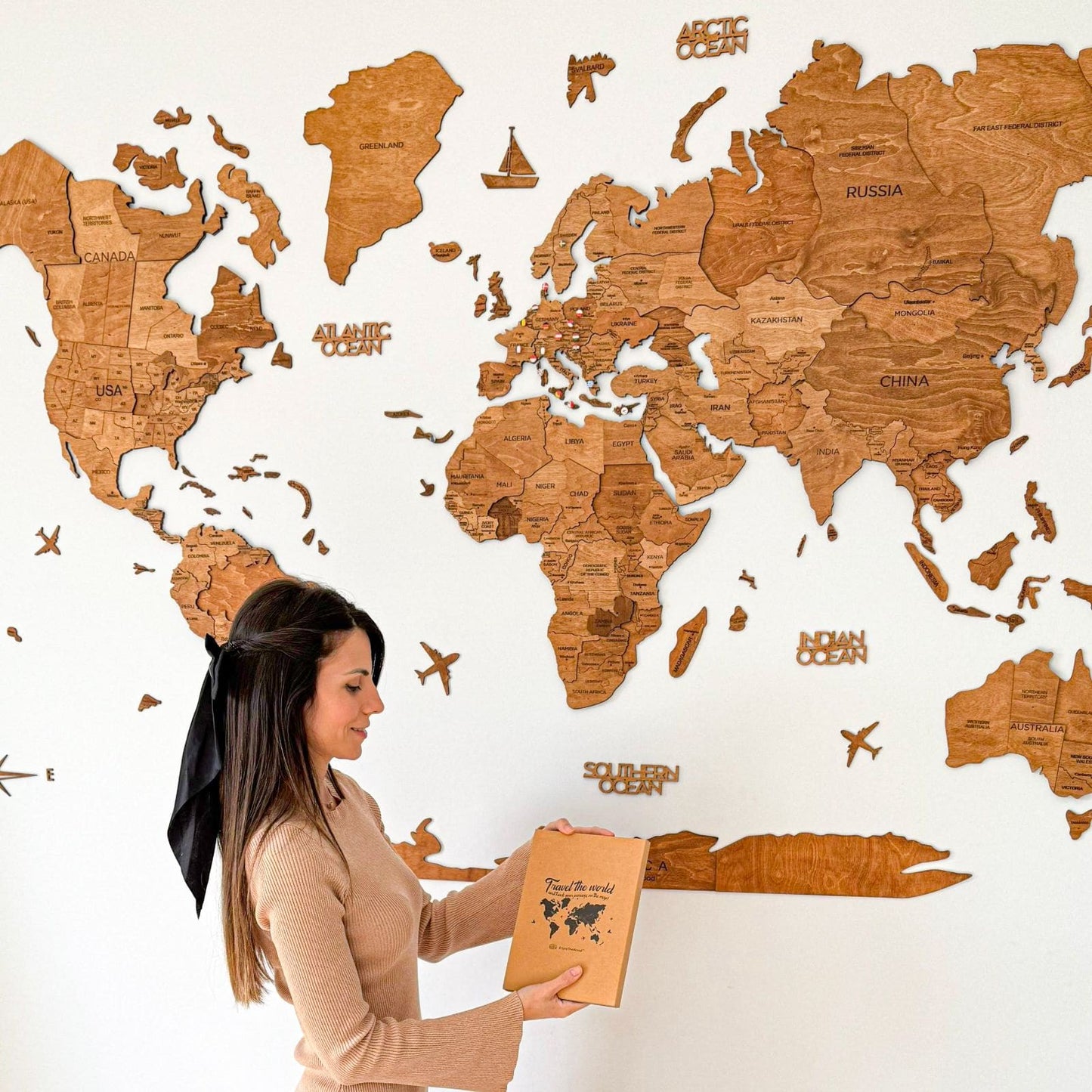 3D Wooden World Map Oak